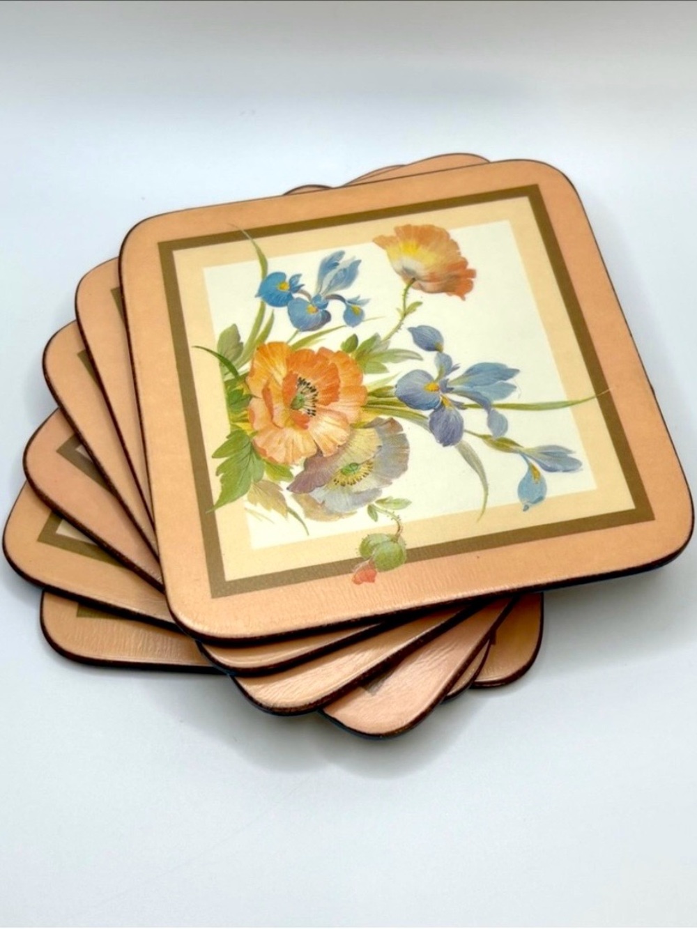 Vintage Set of 6 Peach Pastel Floral Coasters Pimpernel Made in England